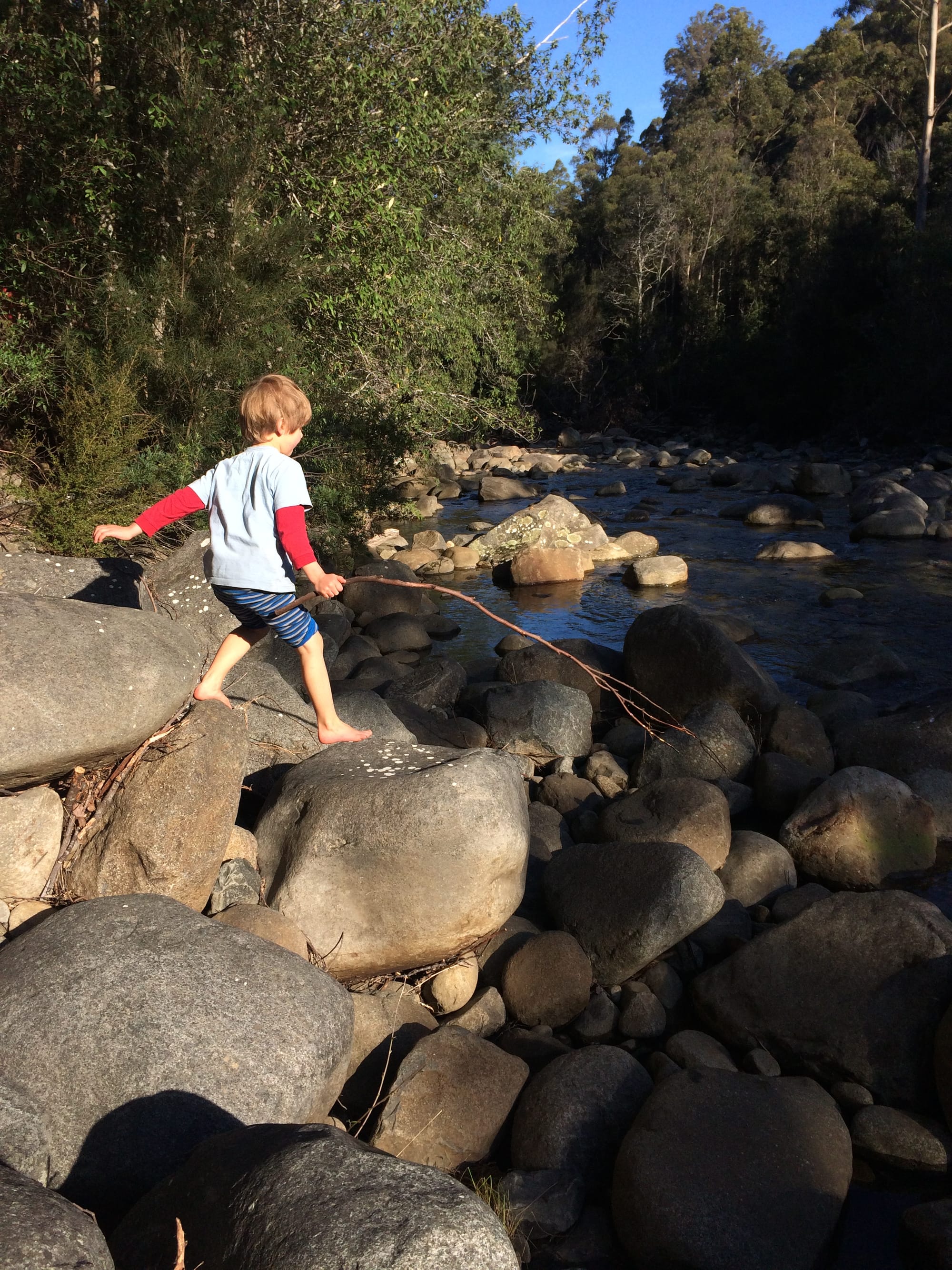 Photo of a young boy playing with a stick on the stony bank of a calm and wooded brook.